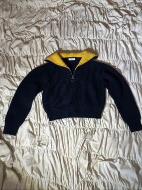 Sandro Navy Knit Sweater with Yellow Cowl Zip Collar